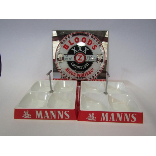 1212 - Two four compartment Manns trays and a Blood's advertising mirror (3)