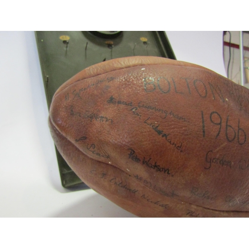 1234 - A vintage Oliver Somers, Wigan leather rugby ball signed by Bolton School 1966-1967 and a Bagatelle ... 