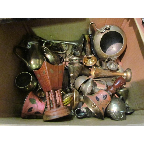 1256 - A box of brassware to include Persian coffee pot, bells, cased set of scales