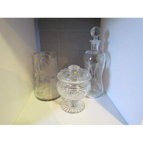 1278 - A Victorian dimpled decanter, cut glass sweet jar and etched water jug (3)    (R) £20