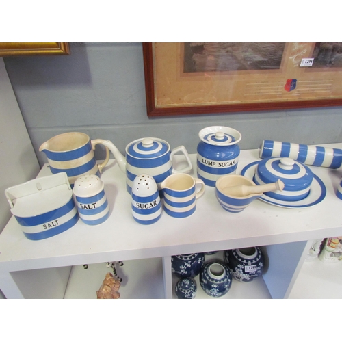 1297 - A selection of T.G. Green blue and white banded kitchenware including teapot, storage jars etc, toge... 