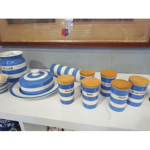 1297 - A selection of T.G. Green blue and white banded kitchenware including teapot, storage jars etc, toge... 