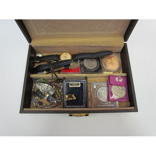 1304 - A jewellery box containing mixed bijouterie, costume jewellery, coins, watches etc