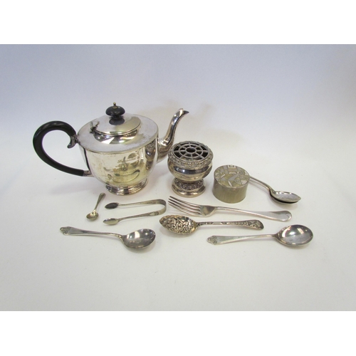 1306 - A plated coffee pot, spoons, posy etc   GROUP