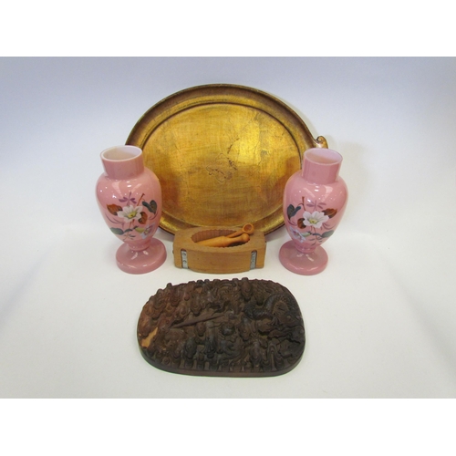 1307 - A mixed lot including butter mould, gilt tray, a Chinese Yixing clay plaque a/f depicting dragons an... 