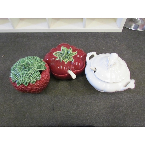 1310 - Three soup tureens including strawberry form example, two with ladles