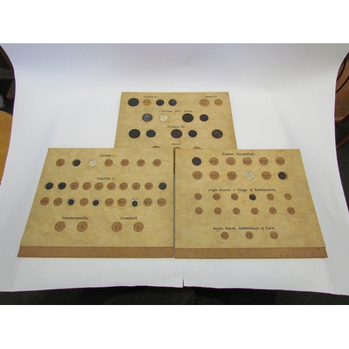 1312 - Three trays, part filled with coins including Roman (2), a copy Saxon penny, farthings of James I an... 