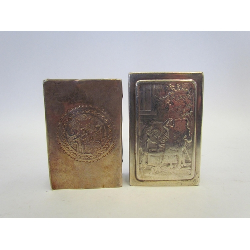 1315 - A silver card case, engine turned and monogrammed, a silver match box holder with figural scene and ... 