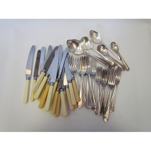 1382 - A box of miscellaneous plated flatware, knives, forks, serving spoons