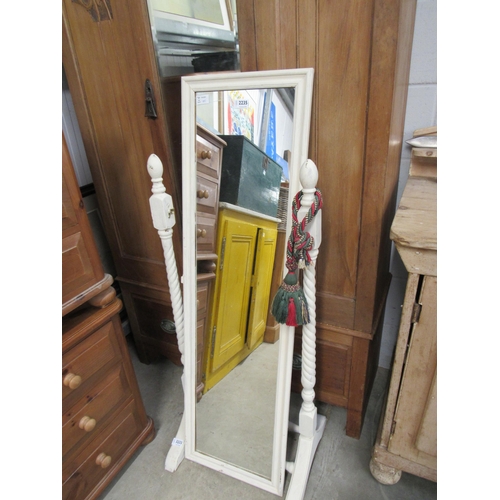 2031 - A white painted cheval mirror with barleytwist supports