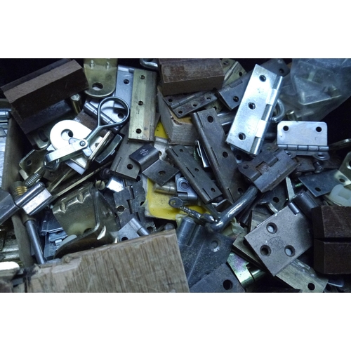 2032 - Three boxes of ironmonger hinges, knobs