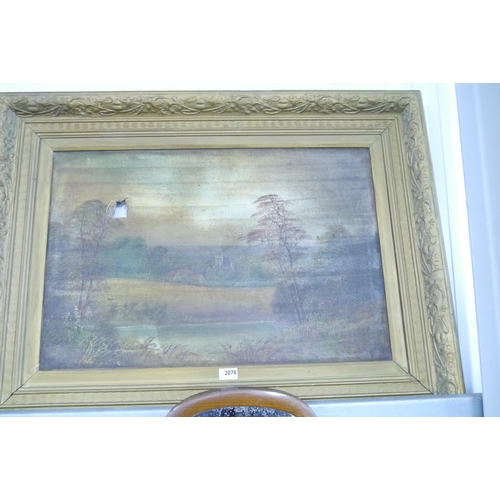 2078 - A Victorian gilt framed oil on canvas village scape, torn       (R) £25