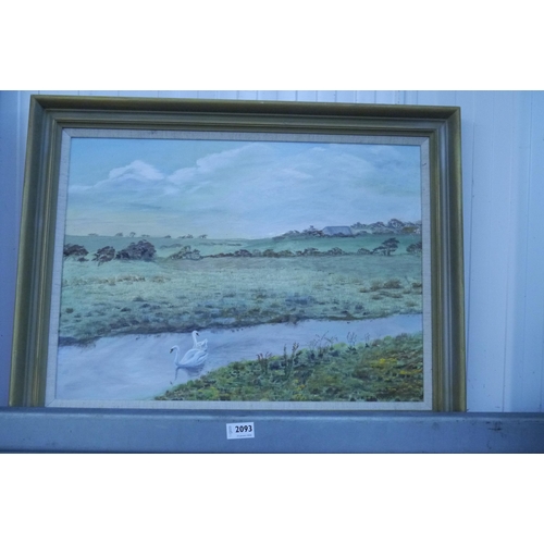 2093 - K.J.Jennings: A framed oil on board of swans on the river       (R) £15-25