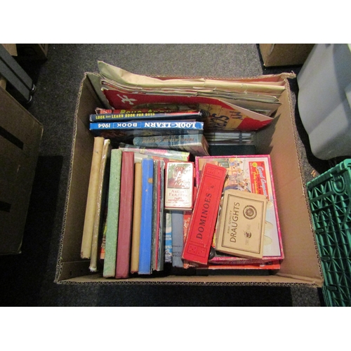 1465 - A box containing vintage games and children's books including Animal Families, Dick Barton Special A... 