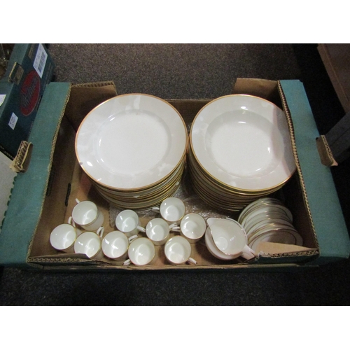 1466 - Two boxes containing a quantity of mixed white china dinner wares including T. Goode, Wedgwood, Sevr... 