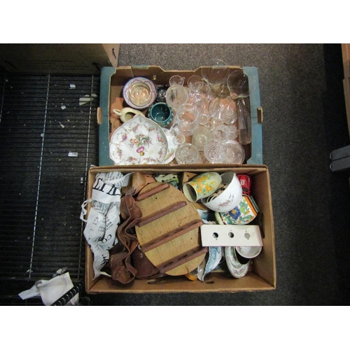 1480 - Two boxes of miscellaneous including glassware, Studio pottery, leather bag, sauce boat etc.