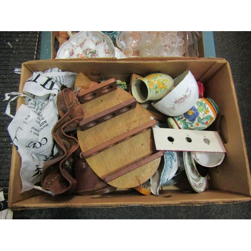 1480 - Two boxes of miscellaneous including glassware, Studio pottery, leather bag, sauce boat etc.