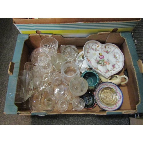 1480 - Two boxes of miscellaneous including glassware, Studio pottery, leather bag, sauce boat etc.