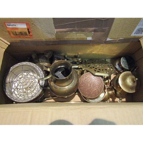 1483 - A box of mixed brass and metal wares including jug, animal figures etc.         (E) £8-12