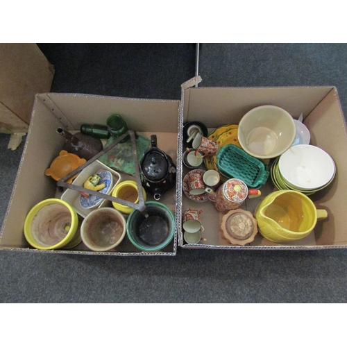 1495 - Two boxes of mostly mixed ceramics, plant pots, mortars, bowls, jugs, chintz coffee set