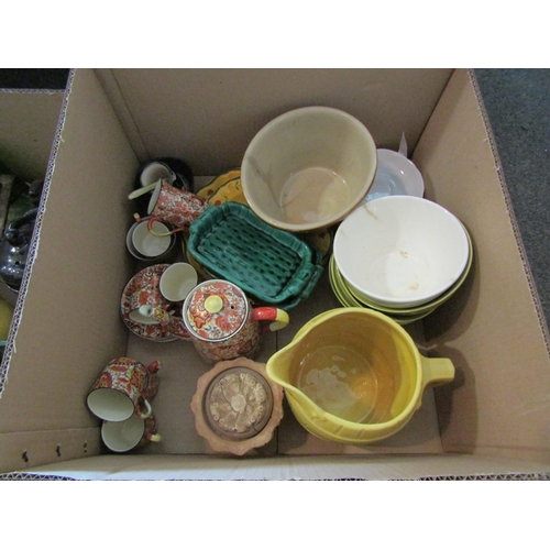 1495 - Two boxes of mostly mixed ceramics, plant pots, mortars, bowls, jugs, chintz coffee set