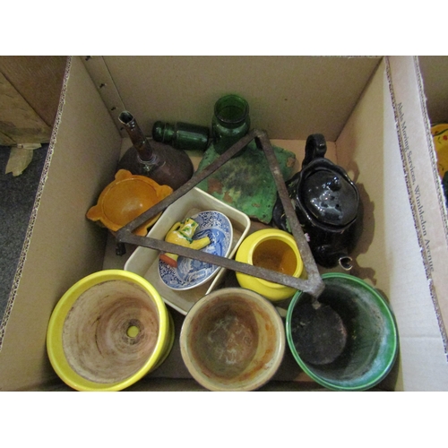 1495 - Two boxes of mostly mixed ceramics, plant pots, mortars, bowls, jugs, chintz coffee set