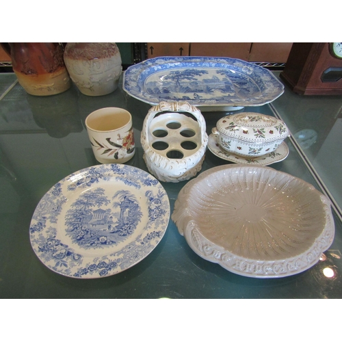 1508 - 19th Century and later ceramics including staple repaired meat plate, lidded tureen, egg basket and ... 