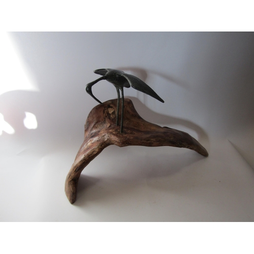 1511 - A studio piece bronze effect sculpture of Ibis stood on wooden base, 30cm tall