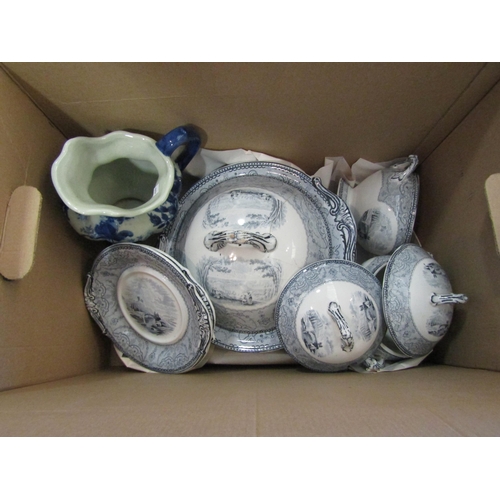 1520 - Two boxes of mainly Victorian blue and white transfer ware, some pieces a/f