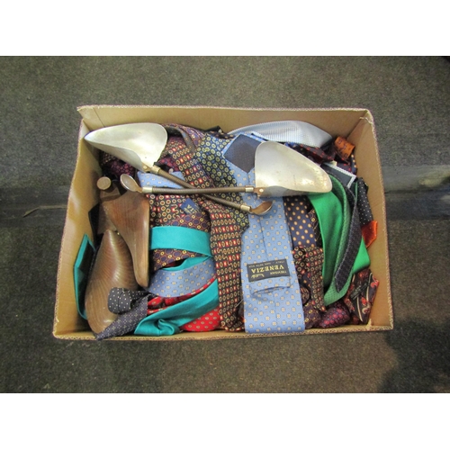 1521 - Two boxes containing shoes, silk ties and a pair of shoe last, some shoes made by Norwich producer B... 