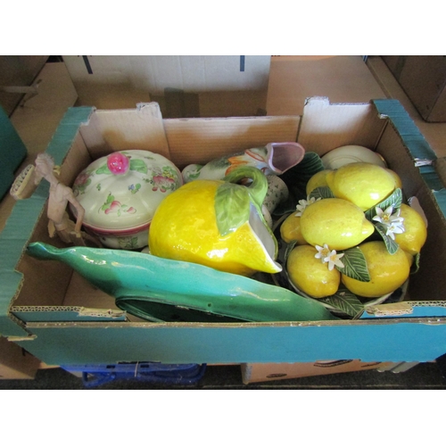 1522 - Three boxes of miscellaneous including ceramic lemon centre-piece, lidded tureen, plates, mugs, cabb... 