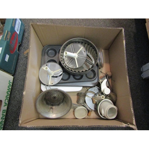 1523 - Three boxes of cookware including Spong & Co. grinder, tins etc