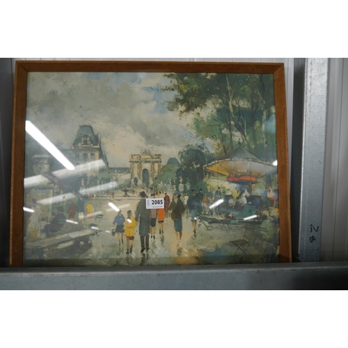 2085 - A framed and glazed print of a Parisian street scene and a cartoon golfing print