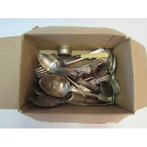 1384 - A box of mainly silver plated cutlery with two silver spoons and two silver napkin rings