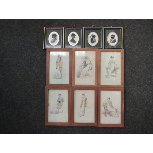 1399 - Four silhouettes, framed and glazed, and a set of six fashion pictures, framed and glazed (10)