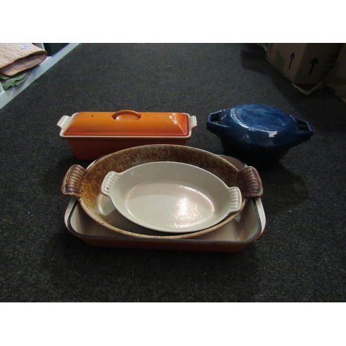 1402 - Four Le Creuset dishes including lidded and a blue Nacco Denmark casserole dish (5)