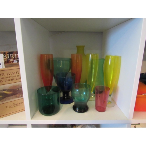 1403 - Mixed decorative colourful glass including champagne flutes, beakers and vases (11)