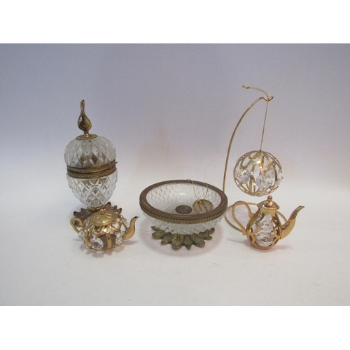 1411 - A cut glass and brass dressing table set with 24K gold plated Austrian crystal ornaments