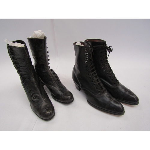 8185 - Two pairs of Victorian black leather ankle boots comprising lace-ups with stacked heel and button si... 