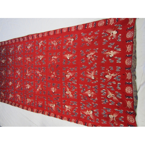 8218 - An early 20thC Chinese celebratory wall hanging embroidered with cranes, a/f