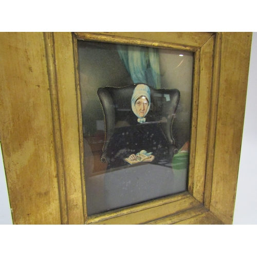 4045 - A primitive 19th Century watercolour of lady in Georgian wing chair, gilt framed and glazed, 18cm x ... 