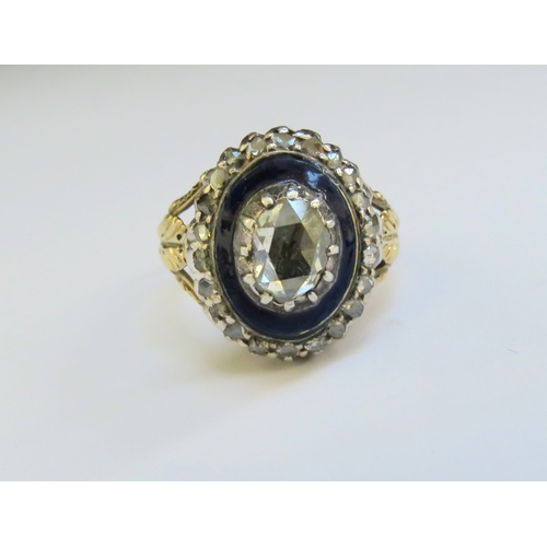 9144 - A Georgian diamond and blue enamel ring, the centre rose cut flatback diamond framed by blue enamel ... 