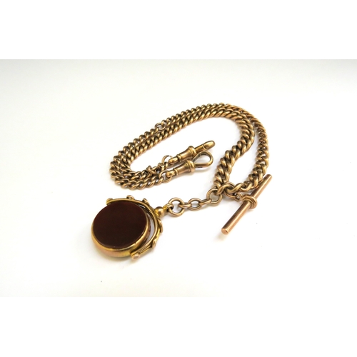 9302 - A 9ct gold watch chain with T-bar hung with a bloodstone and cornelian swivel fob, 41cm long, 40.8g ... 