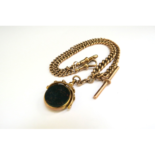 9302 - A 9ct gold watch chain with T-bar hung with a bloodstone and cornelian swivel fob, 41cm long, 40.8g ... 