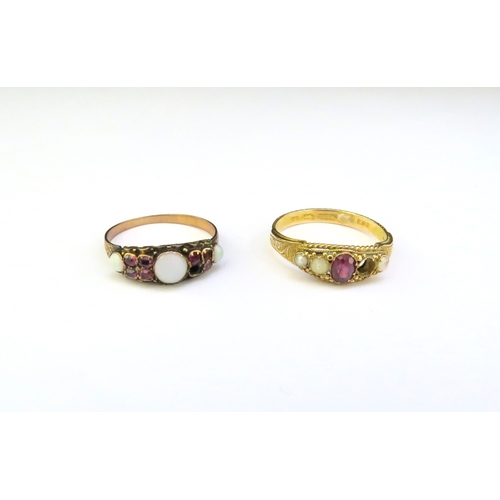 9294 - A 15ct gold ruby and pearl ring, one pearl missing. Size Q, 2.1g and a ruby and opal ring, unmarked ... 