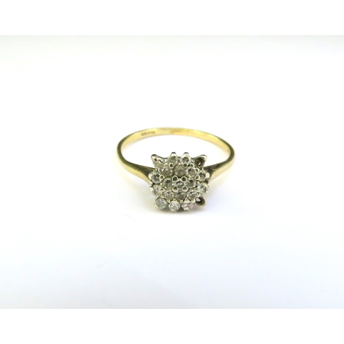 9232 - A 9ct gold diamond cluster ring, two stones missing. Size P, 1.7g  (E)  £30-50