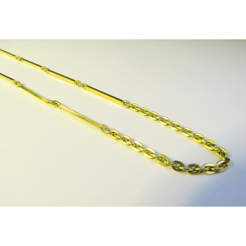 9185 - An 18ct gold necklace with long bar and link design, 82cm long, 45g