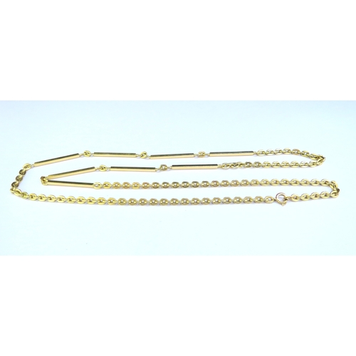 9185 - An 18ct gold necklace with long bar and link design, 82cm long, 45g