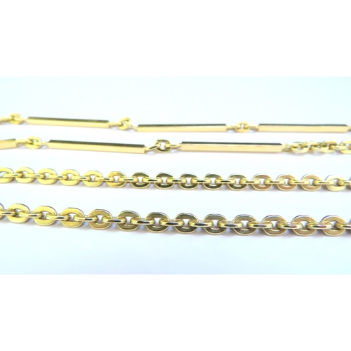 9185 - An 18ct gold necklace with long bar and link design, 82cm long, 45g