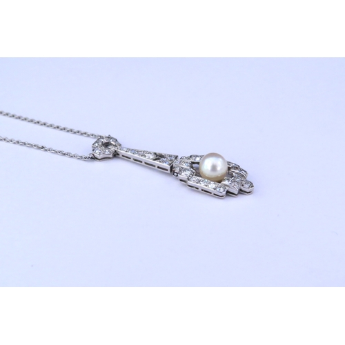 9262 - An Art Deco diamond pendant necklace, the drop set with a single pearl, unmarked white metal, 42cm l... 